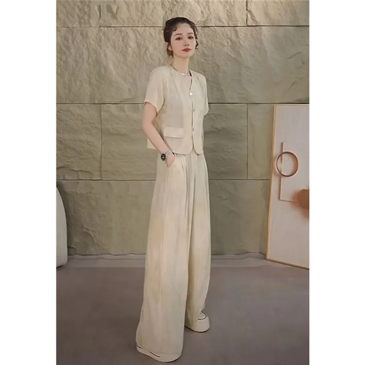 2024夏季新款大码女装宽松气质时尚麻质阔腿裤短袖上衣显瘦两件套