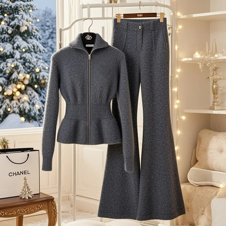 冬季穿搭一整套高级感减龄气质小香风深灰色毛衣开衫阔腿裤套装女