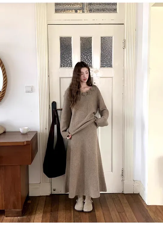 温柔风山茶花V领毛衣半身鱼尾裙套装女秋冬季新款洋气针织两件套