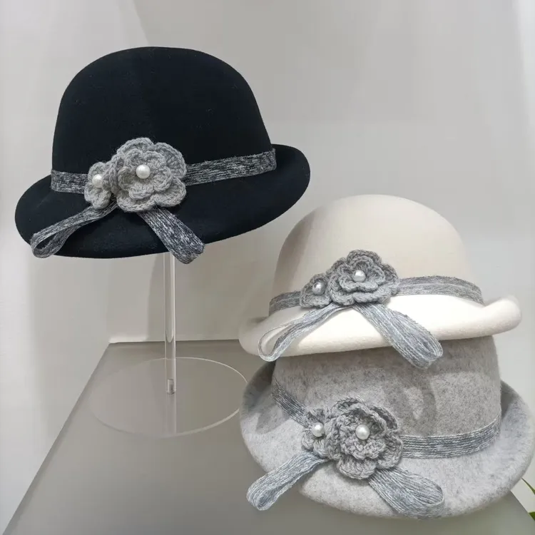 法式小香风羊毛珍珠山茶花朵礼帽女秋冬季优雅气质千金名媛风盆帽