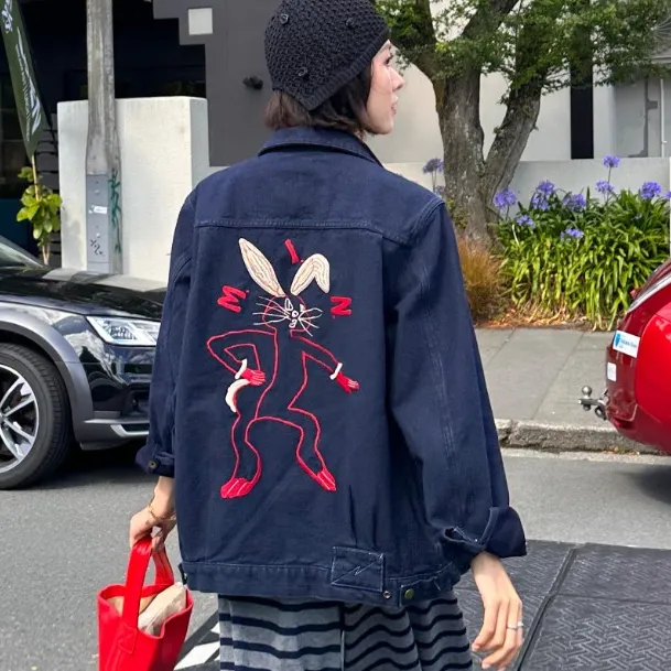 刺绣牛仔服/男女复古撞色兔子夹克牛仔外套40093