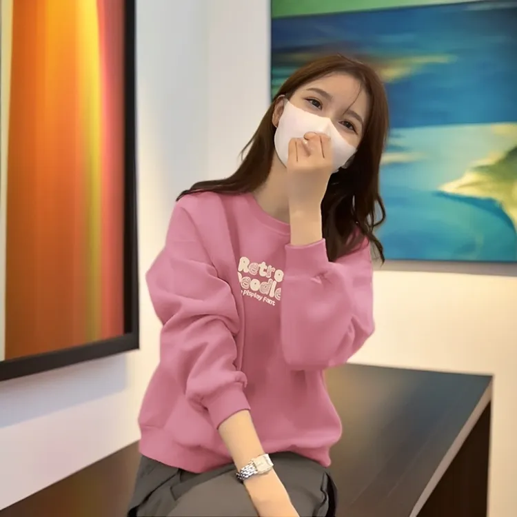即墨加绒卫衣女春秋2025新款美式字母印花宽松百搭圆领上衣外套