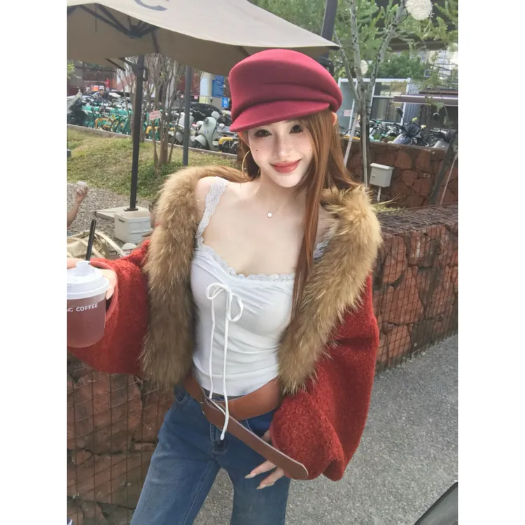 Yingdaren【富家千金】真毛领红色蝙蝠袖毛呢外套宽松慵懒开衫