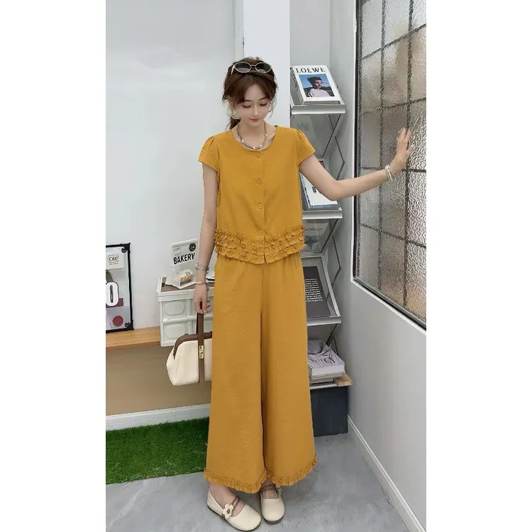 Y18933-时尚套装女设计感小众木耳边马甲上衣高腰阔腿裤两件套