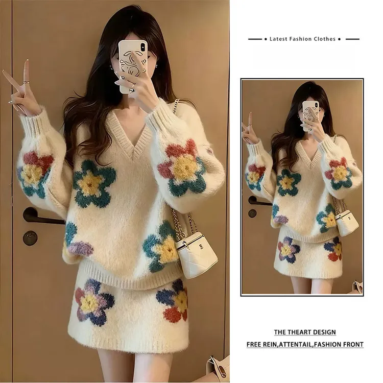 秋冬季穿搭一整套女2025新款韩系氛围感针织衫显瘦减龄短裙两件套