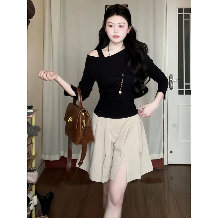 黑色斜肩针织上衣小众修身内搭打底衫开叉阔腿短裤宽松显瘦休闲裤