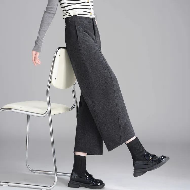 深灰色八分羊毛呢弯刀裤女秋冬2025新款休闲加厚小个子九分香蕉裤