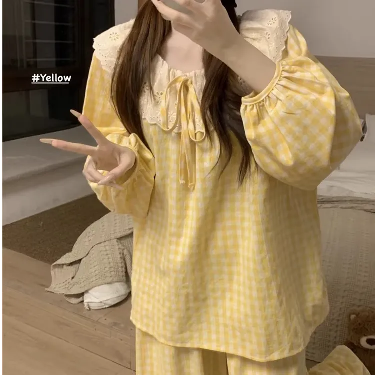 【涵梦专属】睡衣女春秋季少女甜美蕾丝花边格子长袖家居服套装2025