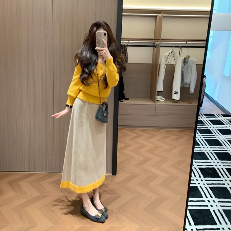 2025秋冬新款法式名媛气质v领长袖针织上衣+半身裙显瘦两件套装女