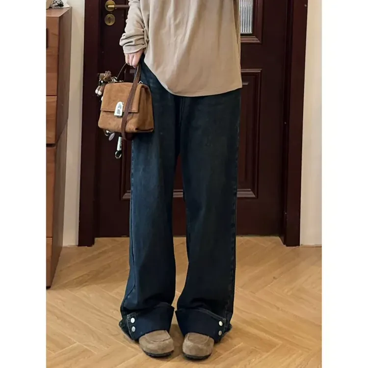 早秋新款深灰色显瘦弯刀工装裤女美式宽松百搭减龄洋气阔腿休闲裤