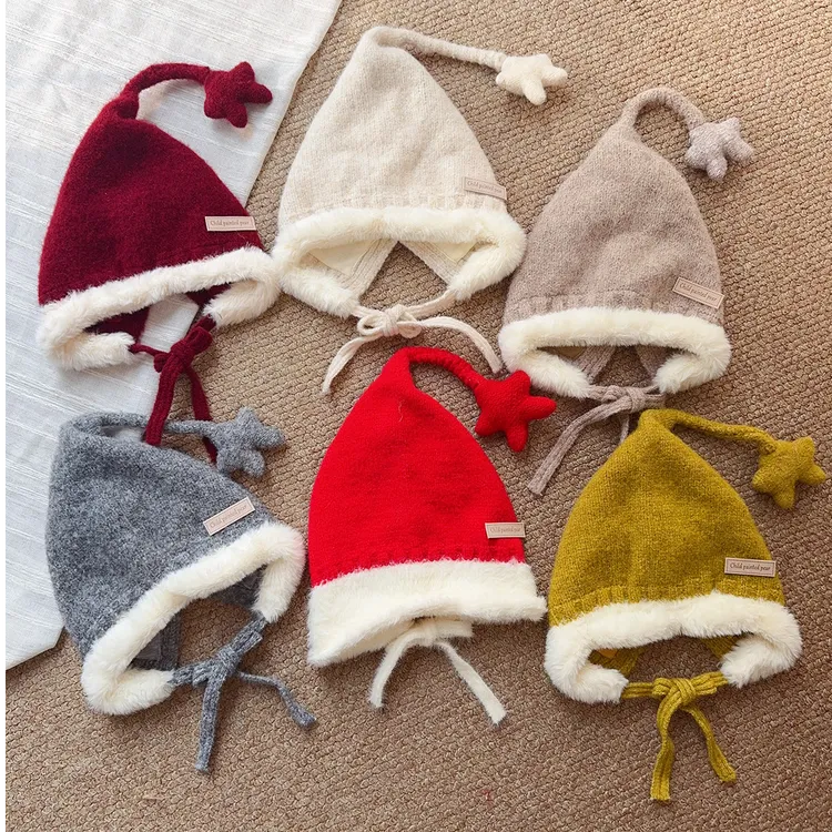 宝宝帽子冬天保暖圣诞过年春节红帽子保暖护耳星星尾巴针织儿童帽