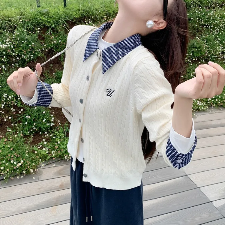 格子拼接针织水洗常规款毛针织衫秋装撞色网红秋冬