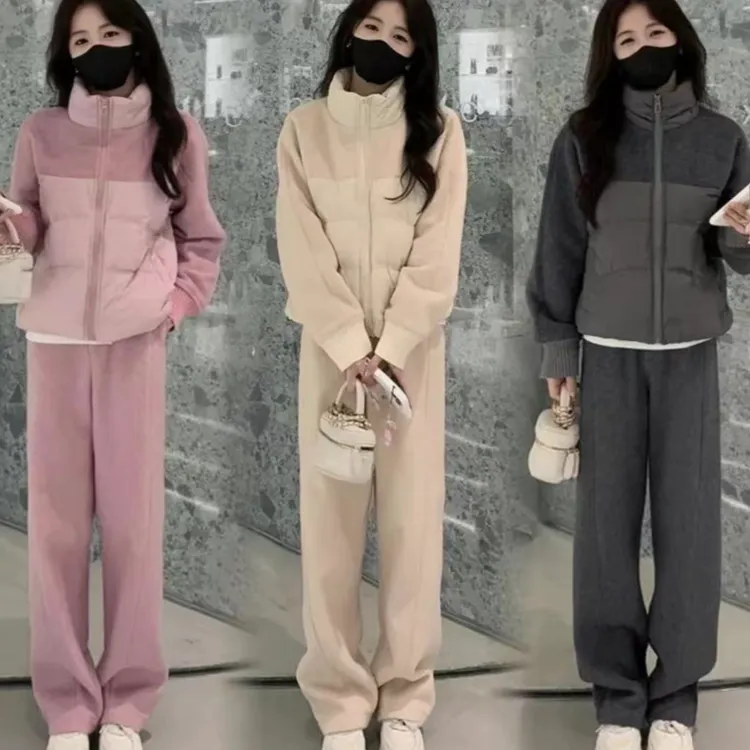 【套装现货】2024秋冬季加厚冬装新款毛呢棉服外套+毛呢裤子套装