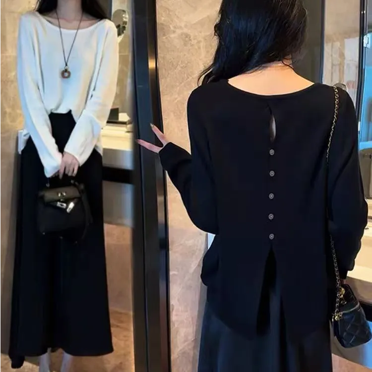 643#秋季小香风穿搭高级感后背纽扣开叉针织衫高腰半身裙两件套女