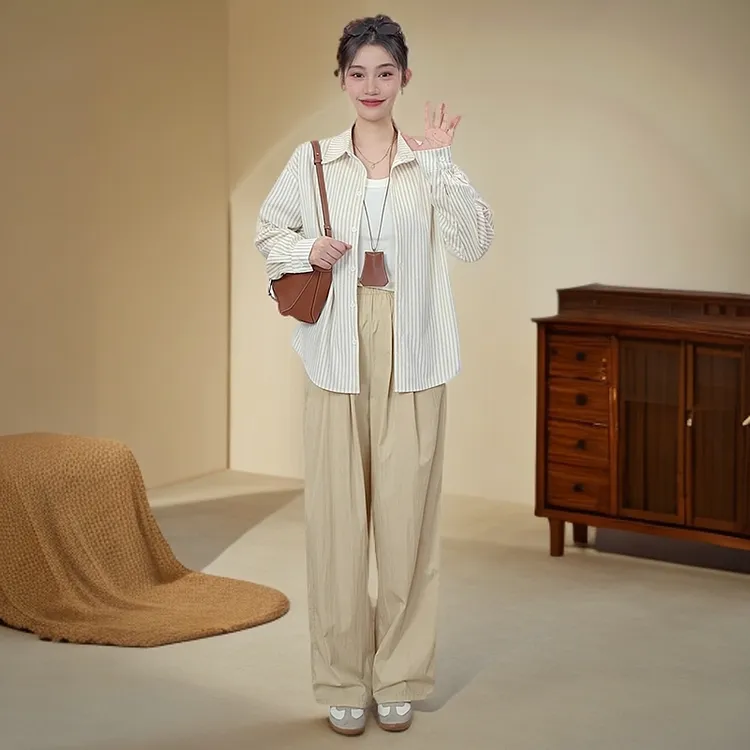 气质丝绒磨毛杏色条纹小众休闲衬衣衬衫女白色上衣内搭胖mm学院风