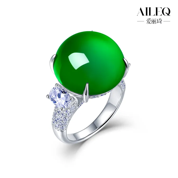 AILEQ925银镶天然玉髓满绿鸽子蛋双钻欧若风戒指珠宝明星同款饰品