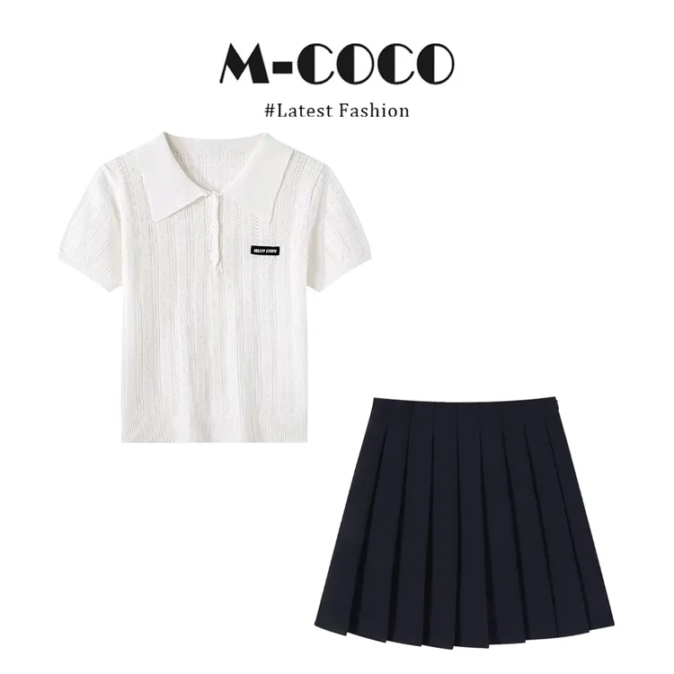 MARIE.COCO韩版时尚百搭学院风设计POLO领短袖上衣百褶短裙两件套