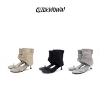 ClickWoww极简一字带时尚圆头猫跟帆布多色低帮短靴凉靴女休闲