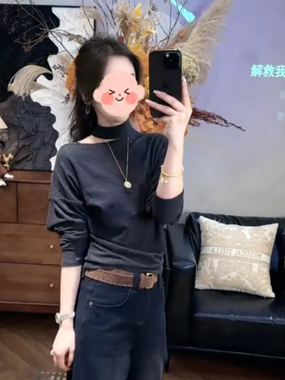 法式女士露肩挂脖长袖打底衫t恤女2025秋冬新款洋气百搭显瘦上衣