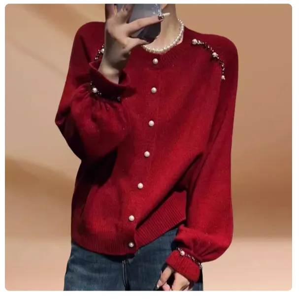 红色圆领钉珠长袖针织开衫女2025秋冬新款大码轻奢百搭气质毛衣