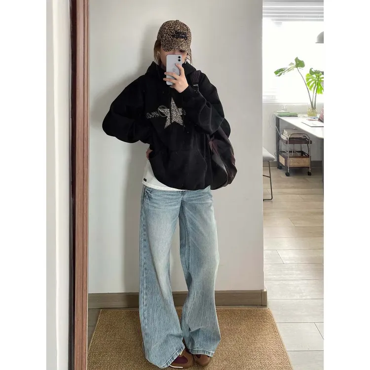 YWBY美式慵懒连帽加绒卫衣外套女秋冬新款复古潮流穿搭宽松上衣 