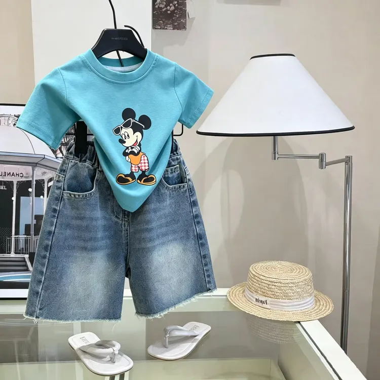 韩版米奇T恤26夏季新款男女童卡通短袖百搭宽松洋气上衣+牛仔中裤