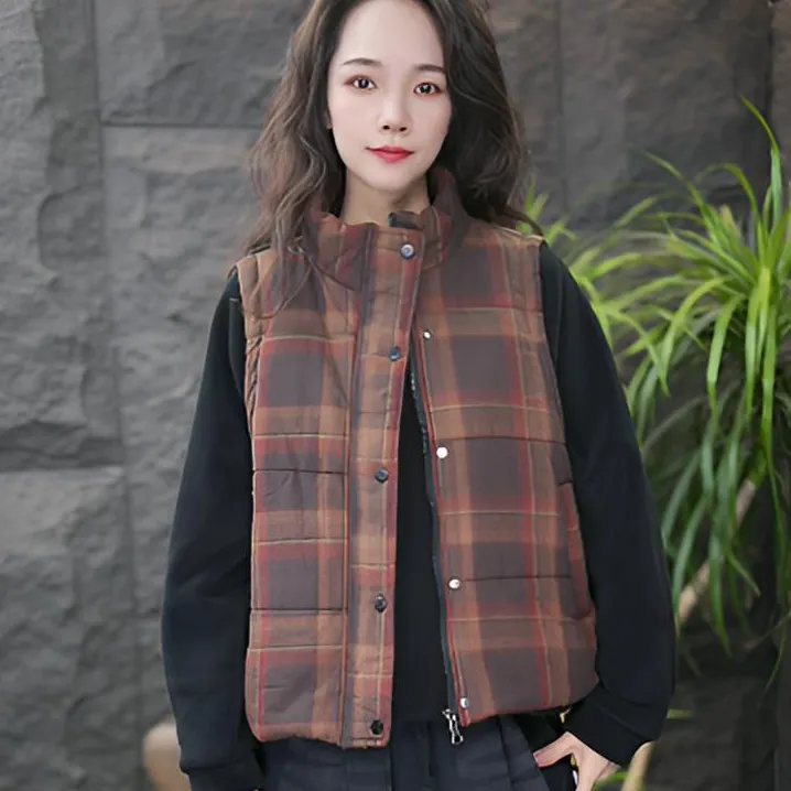 JJ冬季棉马甲百搭风格子保暖女街头风马夹加厚拼接经典坎肩外穿