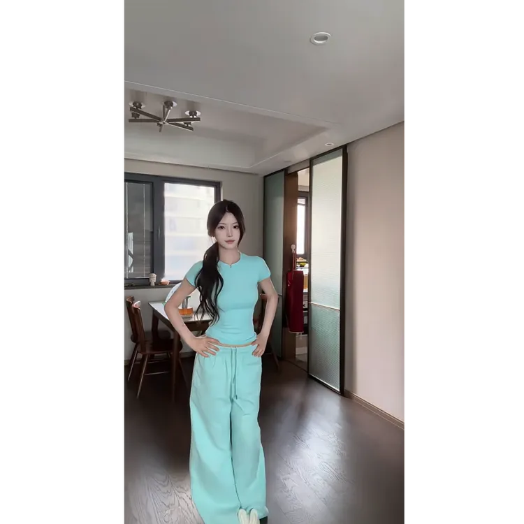 纯欲修身显瘦正肩T恤纯色轻柔高弹短袖女休闲卫裤女秋季两件套装