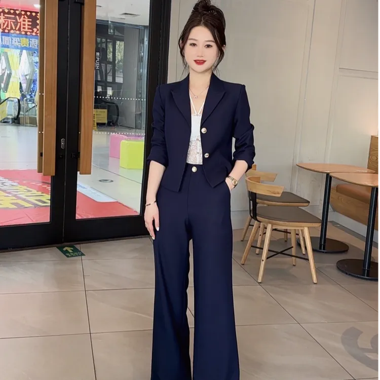 新款秋季爆款藏青色长袖修身显瘦气质职业休闲小个子短款西装套装