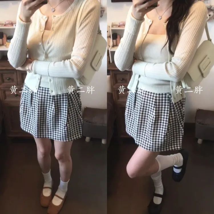 韩系穿搭针织开衫吊带背心两件套女时尚气质格纹半身短裙早秋新款
