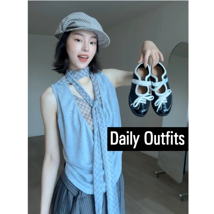 MARIE.COCO拼接假两件t恤女夏季格纹辣妹纯欲上衣长裤时尚套装