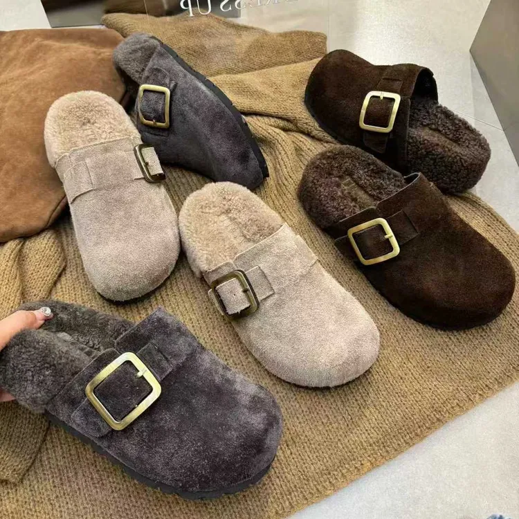 韩国复古毛垫包头勃肯拖鞋女2025年秋冬新款懒人一脚蹬外穿棉拖鞋