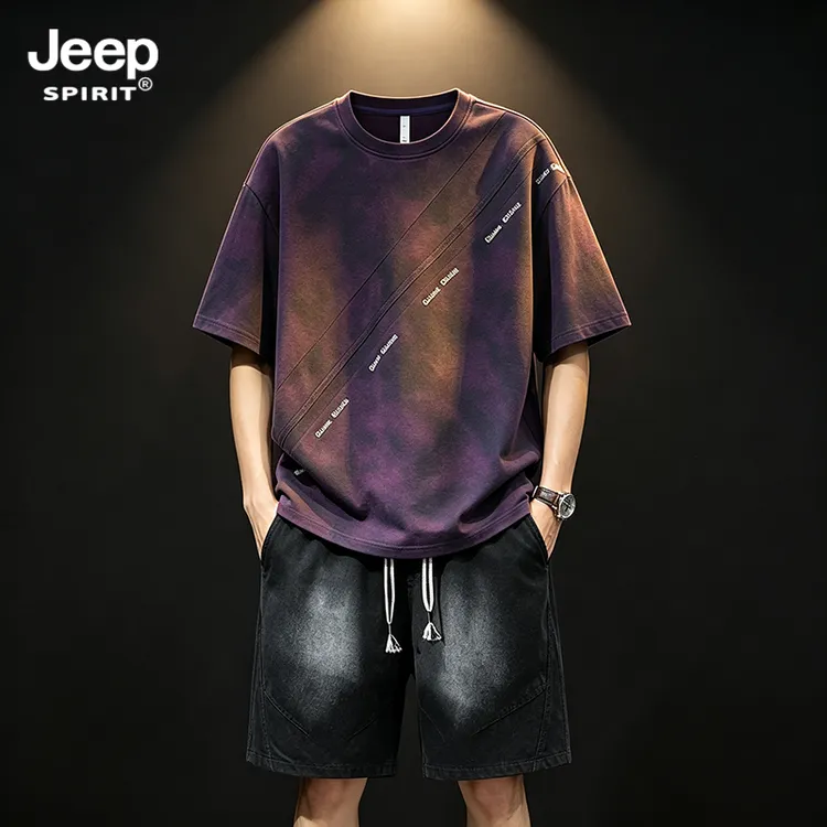 JEEPSPIRIT吉普套装夏季男款美式扎染短袖短裤宽松大码休闲两件套