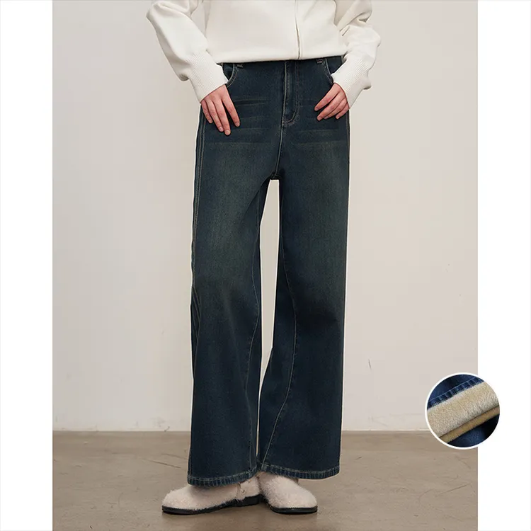 裂渡宣宣【自带滤镜裤】加绒绣线直筒裤女冬显瘦分割牛仔裤ZY511A56