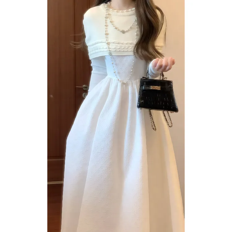 韩系富家千金重工针织拼接网纱连衣裙收腰气质长裙&针织披肩9793