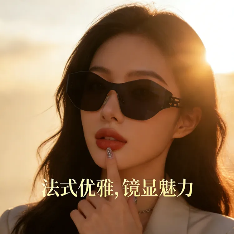 新款女士防紫外线太阳镜高级感未来风一体式猫眼墨镜无框韩版眼镜商品图