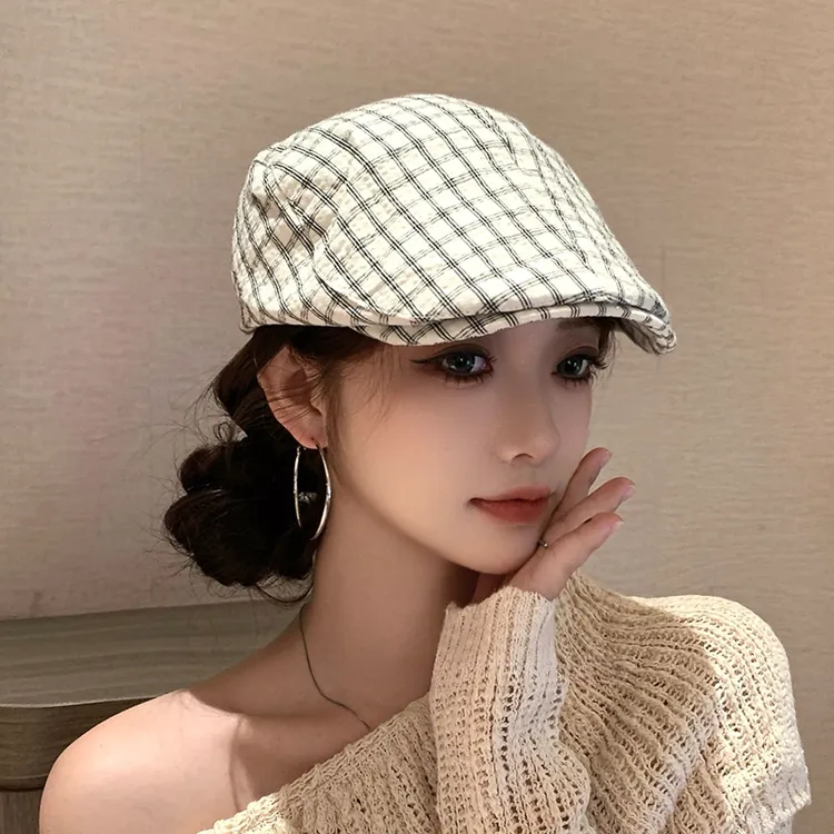 日系文艺小格子前进帽子女春秋季百搭休闲鸭舌帽纯色贝雷帽画家帽