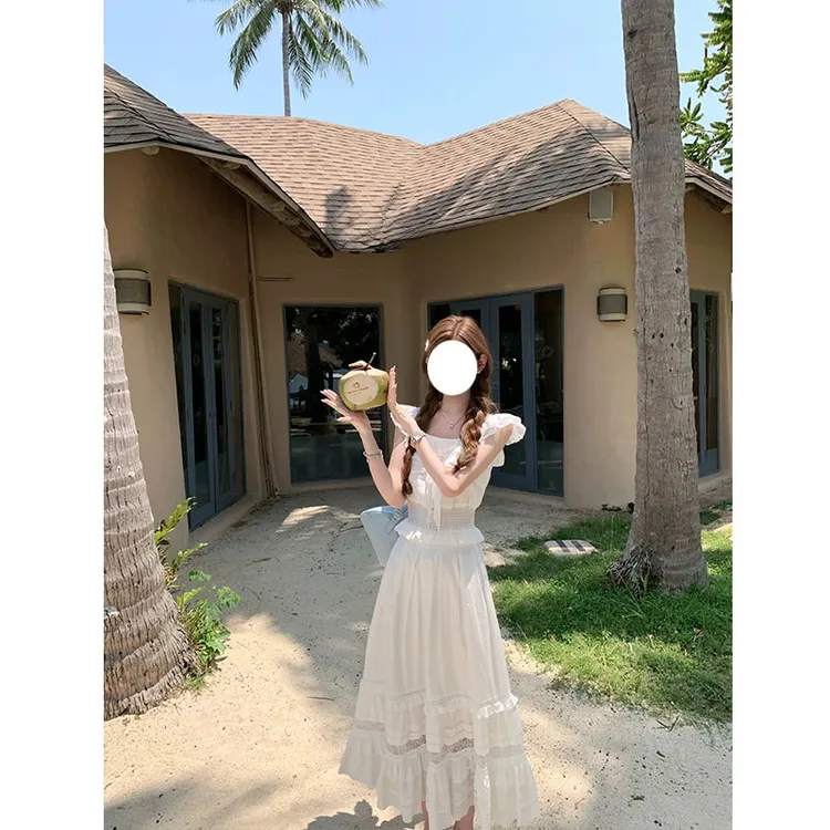 夏季新款时尚度假风设计感小飞袖荷叶边上衣气质大摆半身裙两件套