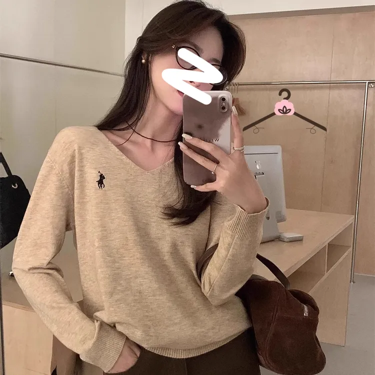 韩版小马刺绣V领长袖休闲毛衣女秋冬内搭打底上衣纯色外穿针织衫