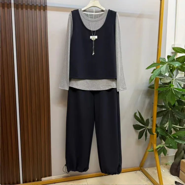 新款大码女装时尚洋气纯色简约休闲风ins气质马甲三件套套装