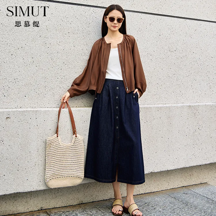 SIMUT思慕缇长裙半身裙时尚女装复古高腰牛仔裙SQ043531