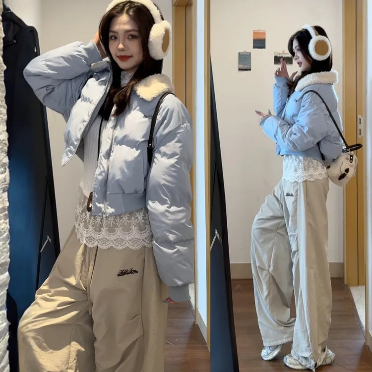 棉服女2025年冬季新款羊羔绒翻领短款学院风加厚休闲潮流棉袄外套