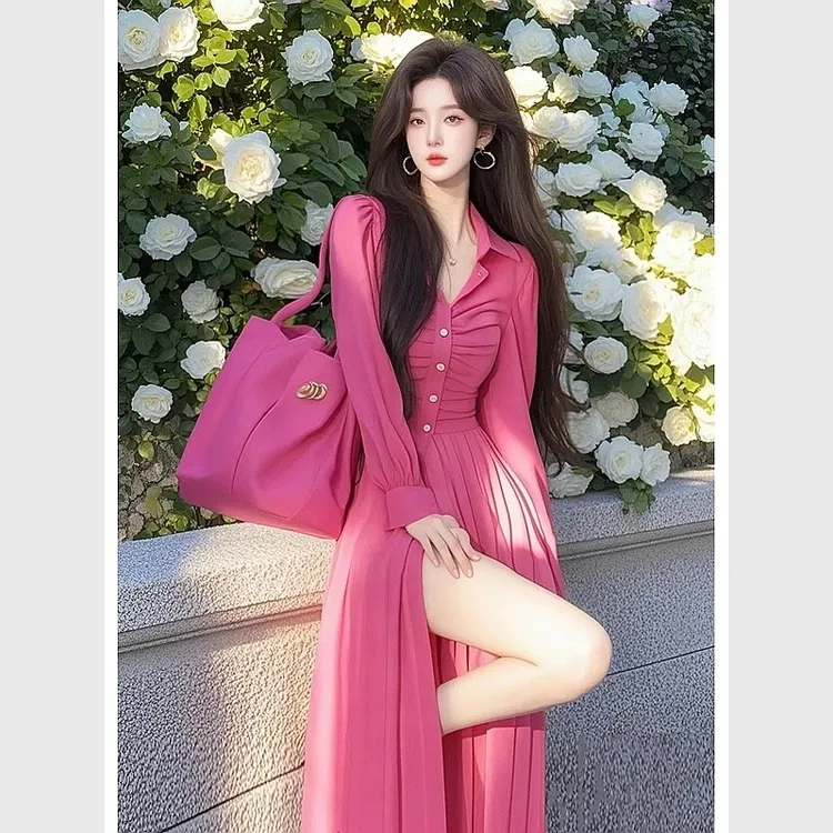 2025春装新款法式气质高级感海边度假多巴胺掐腰玫红色连衣裙子