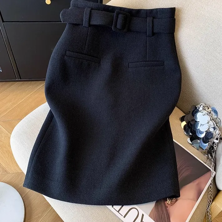 拉夏贝尔毛呢半裙秋冬季新款女通勤英伦风半身裙潮流高腰中长裙子