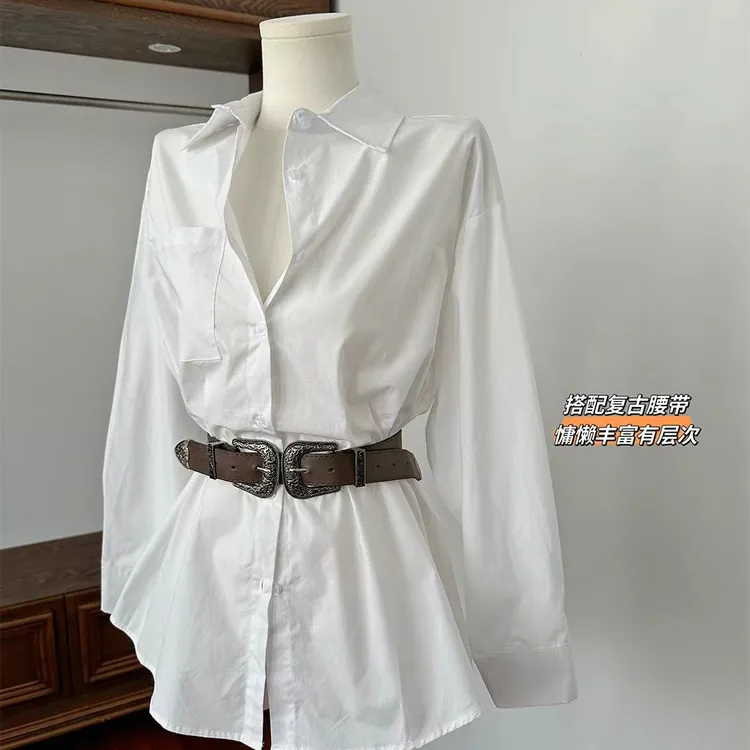 赵露思同款白色不规则翻领衬衫连衣裙配腰带辣妹设计感韩系上衣