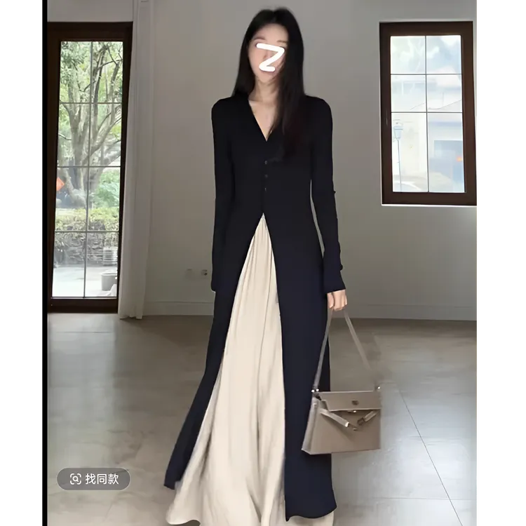 时尚套装复古秋冬针织法式黑色收腰气质时尚开衫阔腿裤-98068