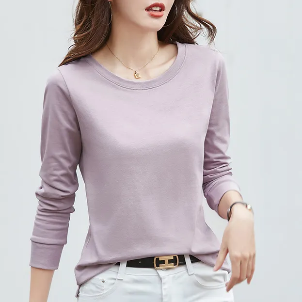 422秋冬新款圆领长袖时尚百搭韩版女装打底衫外穿显瘦休闲上衣T