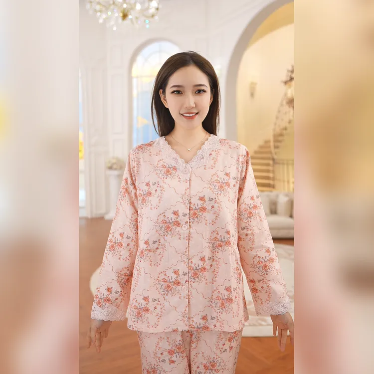 秋鹿【粉黛秋棠V领】双层纱柔软纯棉睡衣女款秋季薄印花家居服套装