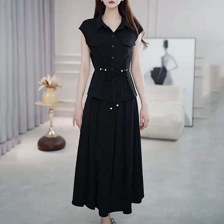 妈妈两件套连衣裙女2025夏季新款轻奢高级感大码短袖黑色套装裙子