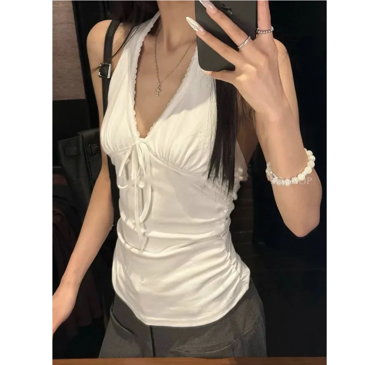 辣妹系带V领美背背心吊带女装夏季新款修身纯欲慵懒风女装显瘦